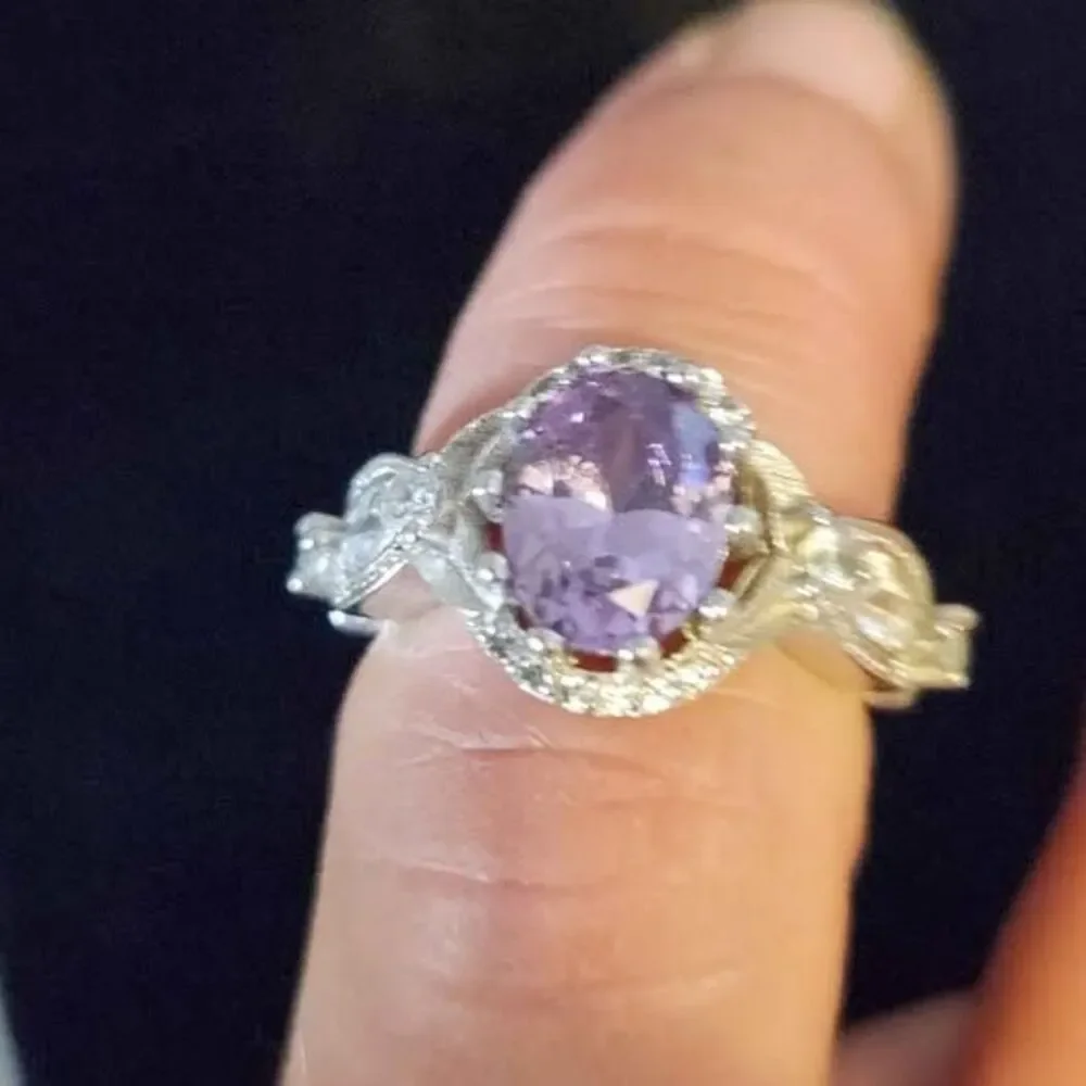 Sterling Silver 925 Ring, Amethyst Halo, Size 5.5–6